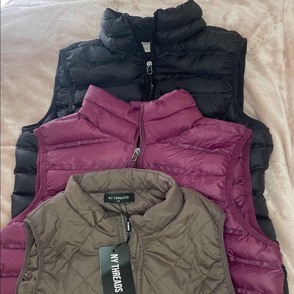 NY Threads and Zeroxposur Puffer Vest Trio - Black, Purple, and Brown